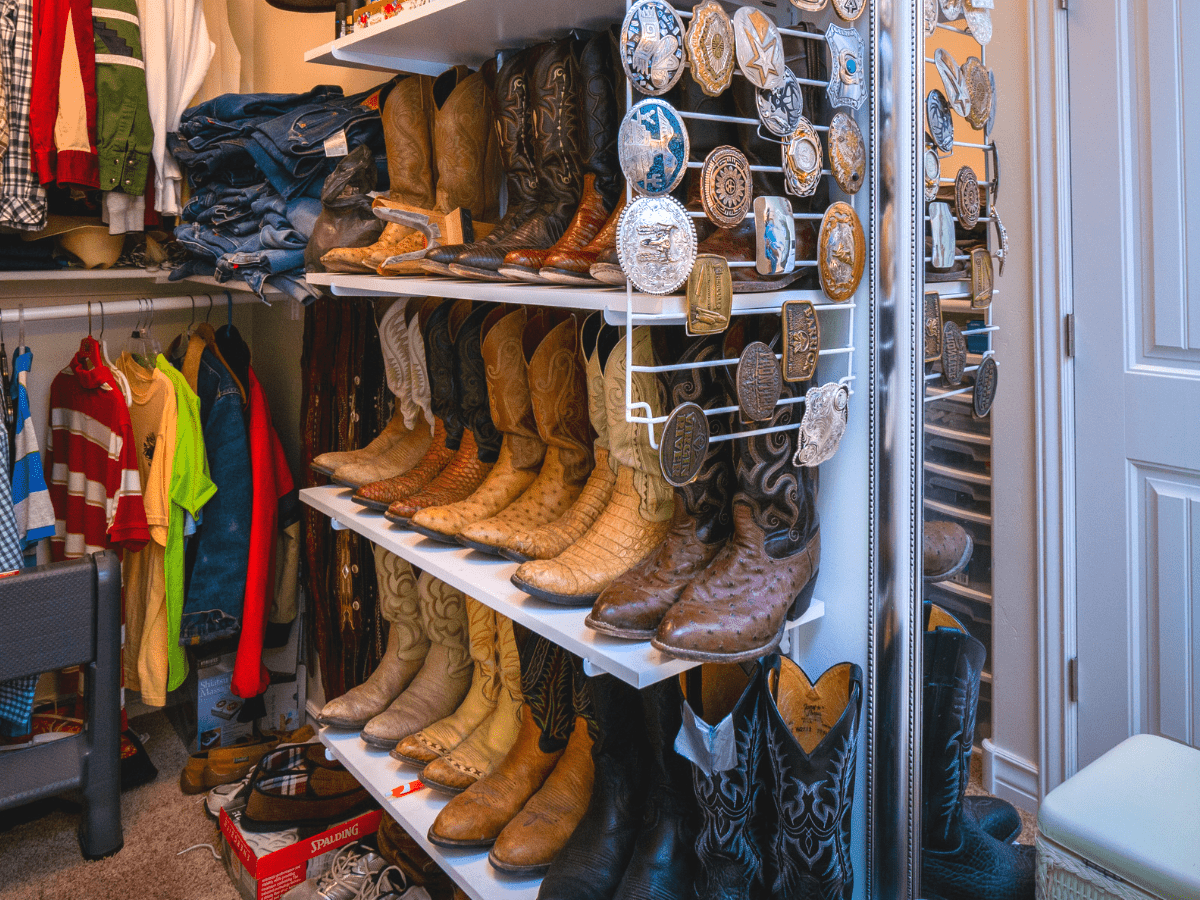Closet full of boots stored properly to prevent slouching