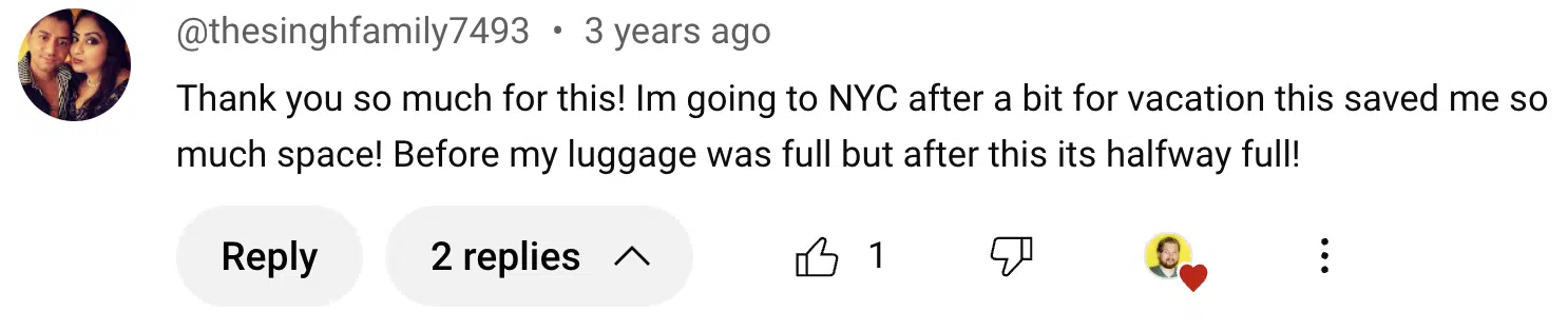 YouTube comment: NYC trip with luggage half full