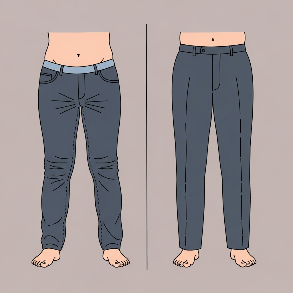 Illustration comparing tight low-rise pants with visible contour on the left versus properly fitted high-rise pants with a smooth flat front on the right