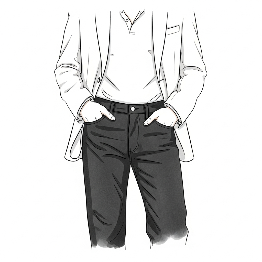 Illustration of a man wearing a sport coat over an untucked shirt with dark pants showing how the blazer drapes over the front for visual concealment