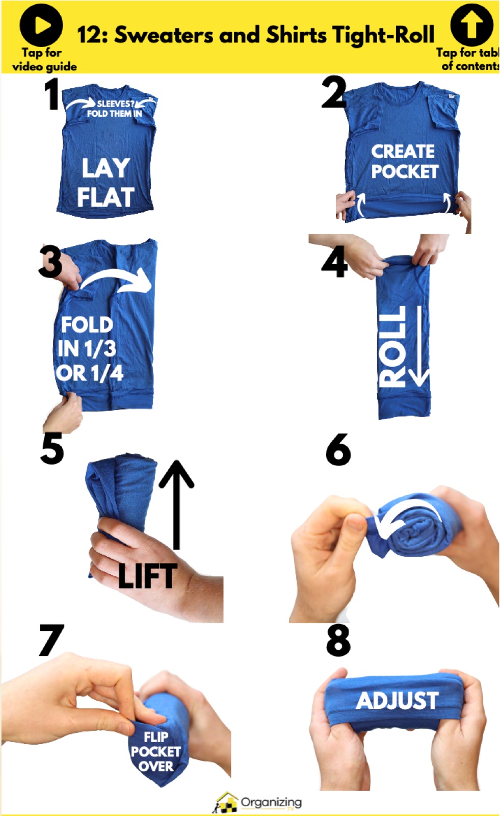 Sample PDF page: Sweaters and Shirts Tight-Roll, 8 numbered steps