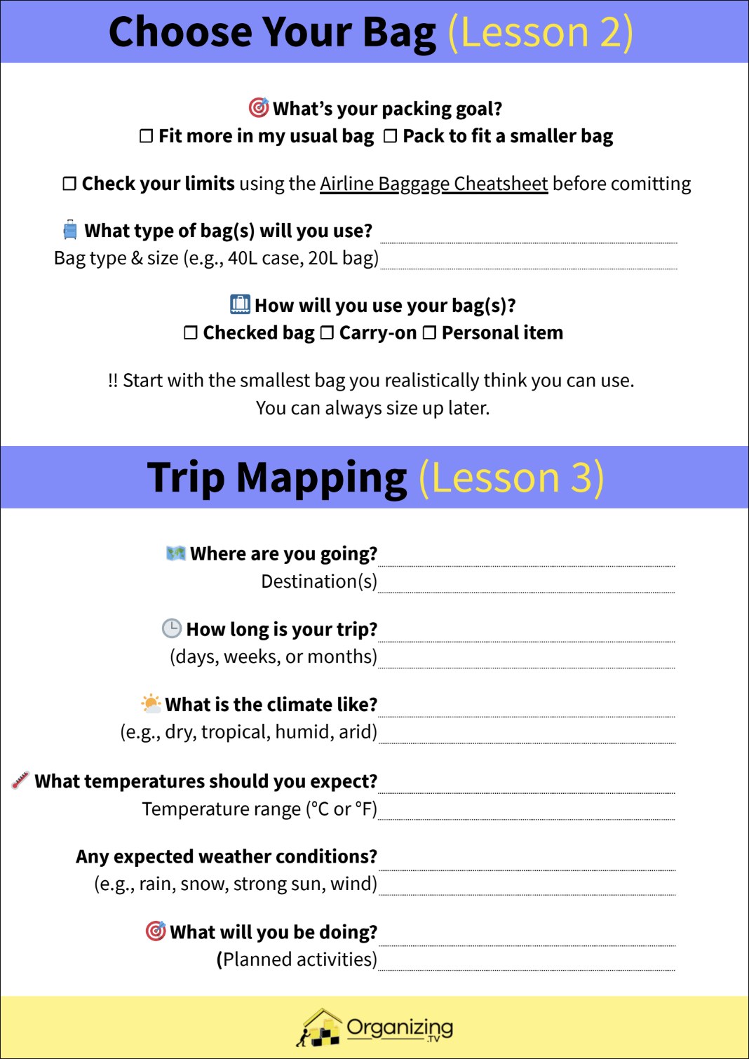 Workbook page: Choose Your Bag and Trip Mapping fillable fields